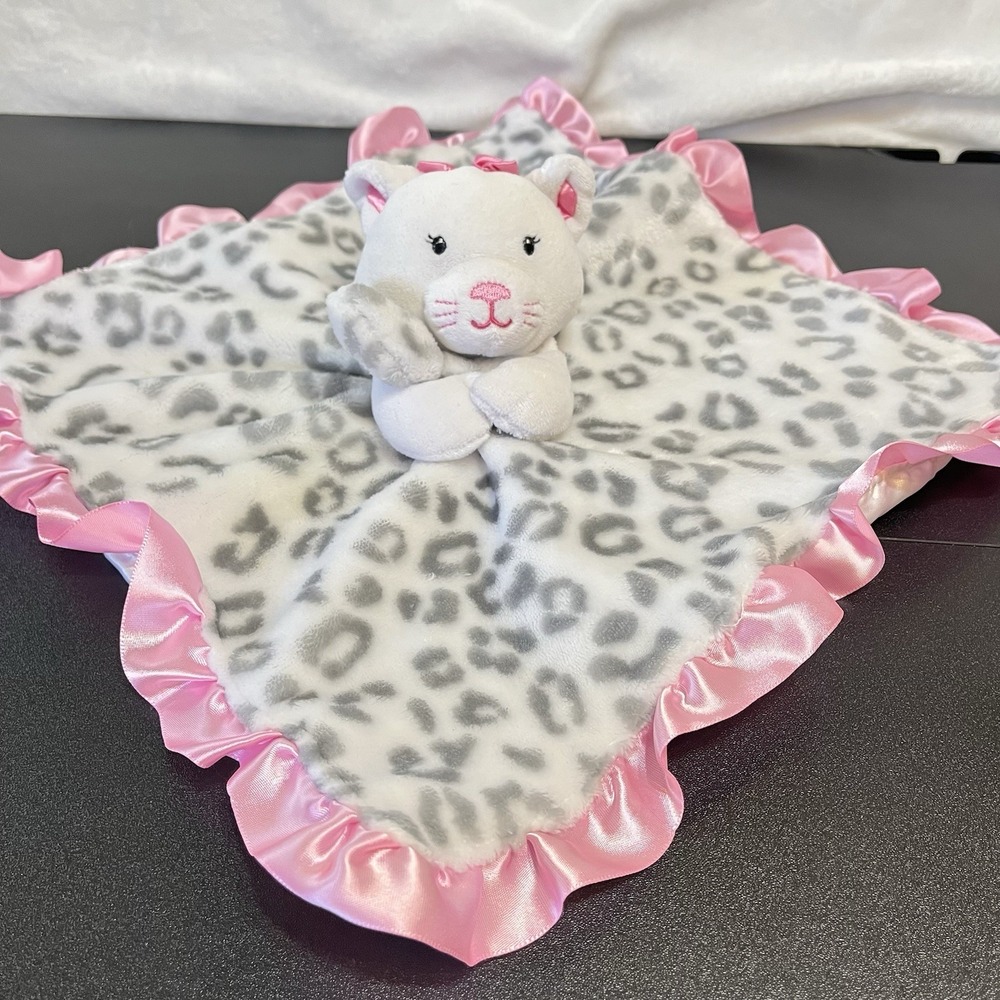 Okie Dokie Cat Leopard Plush Baby Security Lovey Blanket Satin Ruffle Pink 2017